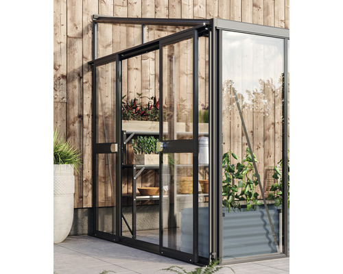 Kit porte à deux vantaux Vitavia pour Helena, Athena noir Serre avec portes ouvertes et étagères à plantes