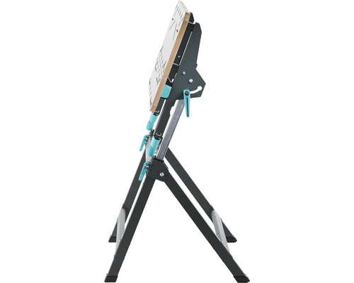 Établi Wolfcraft Master avec pieds réglables en vue latérale.