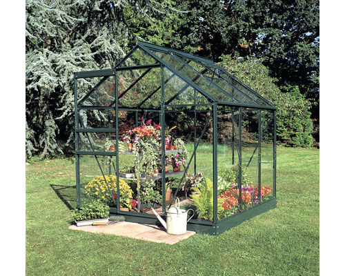 Gewächshaus Halls Popular 66 Sicherheitsglas 3 mm 193 x 319 cm grün Gewächshaus mit Pflanzenregalen und Giesskanne im Garten
