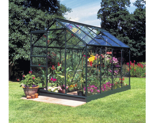 Gewächshaus Halls Popular 86 Sicherheitsglas 3 mm 193 x 257 cm grün Gewächshaus mit Pflanzen auf Rasenfläche
