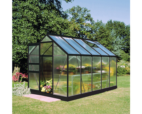 Gewächshaus Halls Popular 106 Polycarbonat 4 mm 193 x 319 cm schwarz Gewächshaus mit Pflanzen im Garten