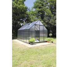 Gewächshaus aus transparentem Kunststoff mit geöffneter Tür im Garten