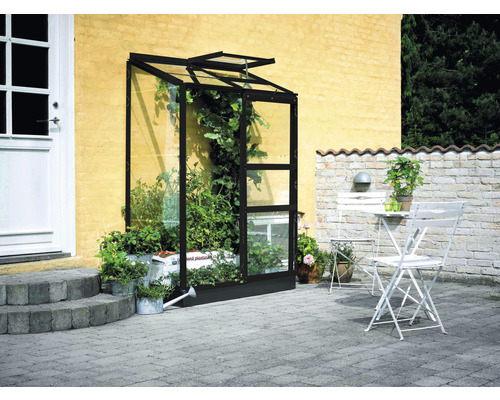 Anlehngewächshaus Halls Altan 2 Blankglas 3 mm 132 x 69 cm schwarz Gewächshaus mit Pflanzen und Gartenmöbeln im Aussenbereich.