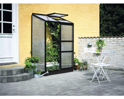 Anlehngewächshaus Halls Altan 2 Polycarbonat 4 mm 132 x 69 cm schwarz Gewächshaus mit Pflanzen auf einer Terrasse