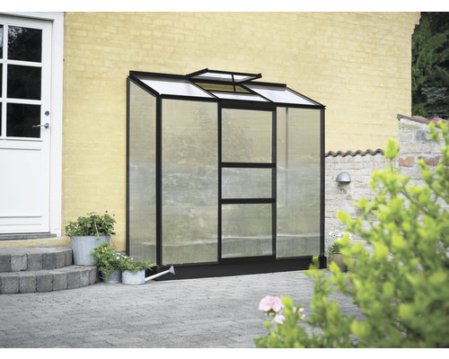 Anlehngewächshaus Halls Altan 3 Polycarbonat 3 mm 194 x 69 cm schwarz Gewächshaus mit Polycarbonatplatten und einem Dachfenster vor einer Hauswand.