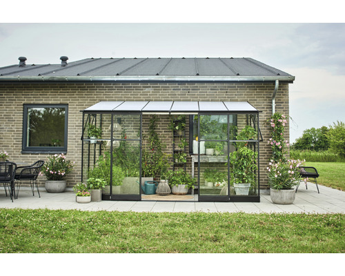 Serre adossée Halls Qube Lean-To 612 verre de sécurité 3 mm 188 x 374 cm noir