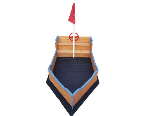 Bac à sable en forme de bateau avec volant et drapeau rouge