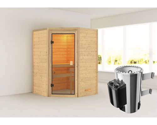 Sauna Plug & Play Karibu Antonia avec poêle 3,6 kW avec commande intégrée sans couronne avec porte entièrement vitrée couleur bronze