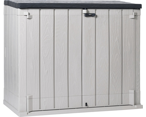 Cache-poubelle Stora Way Plus XL avec ressorts pneumatiques 145 x 85 x 124,5 cm aspect bois taupe-anthracite