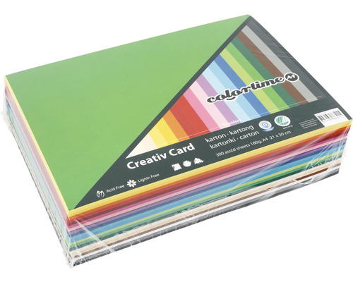 Carton de couleur couleurs assorties, A4, 300 feuilles Colortime Creativ Card, 300 feuilles de carton A4, sans acide et sans lignine