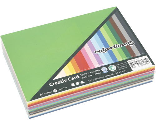 Carton de couleur couleurs assorties, A6, 120 feuilles Colortime Creativ Card A6 avec 120 feuilles de carton de couleur