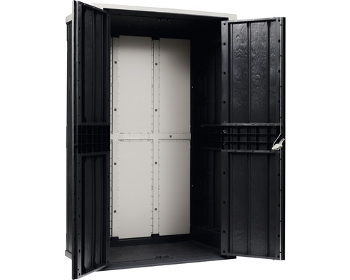 Geöffneter Geräteschuppen mit Einlegeböden