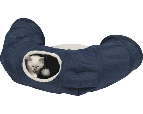 Katze in einem blauen Katzentunnel mit Liegefläche und Spielzeugball