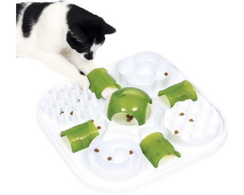 Katze spielt mit einem interaktiven Futterspielzeug.