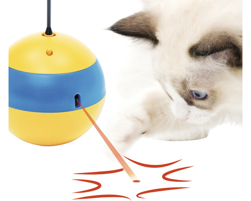 Balle de jeu interactive jaune et bleue avec point laser et chat jouant