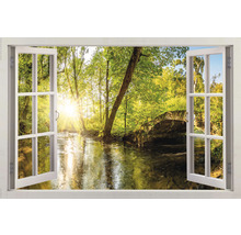 Film décoratif avec motif de fenêtre et vue sur paysage fluvial avec pont en pierre