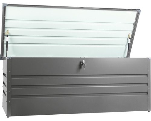 Coffre de jardin gris ouvert en métal pour ranger les outils de jardin