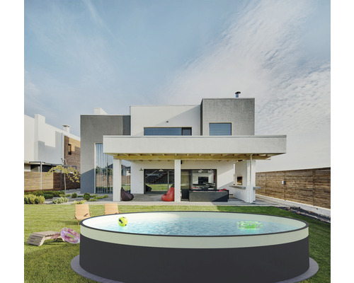 Gartenansicht mit ronnem Opstellpool, Gaardemiwwelen a modernt Haus