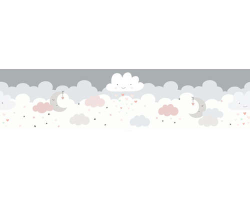 Frise autocollante 40374-3 Only Border nuages rose 5 m x 15 cm Bordure de papier peint avec motif de nuages, de lune et d''étoiles pour chambre d''enfant