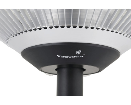 Vue détaillée de la base d''un radiateur de terrasse avec le logo Warmwatcher