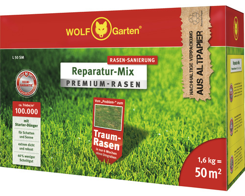 Wolf Garten Rasen Reparatur-Mix Premium-Rasen in einer 1,6 Kilogramm Packung für 50 Quadratmeter