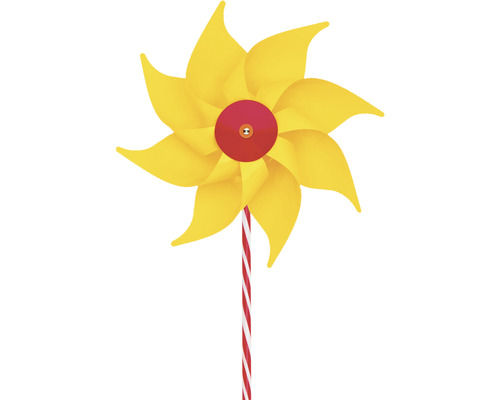 Moulin à vent jaune avec un bâton rayé rouge et blanc