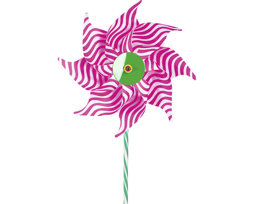 Moulin à vent avec rayures roses et blanches et une partie centrale verte