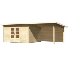 Gartenhaus Karibu Speyer 4 inkl. Anbaudach 3,3 m und Rückwand 724 x 331,5 cm natur