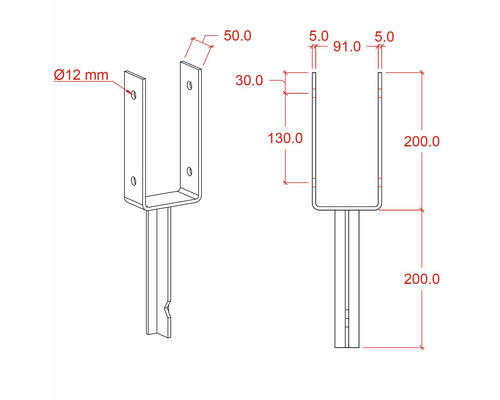 Dessin technique d''un support de poteau en U avec indications de dimensions