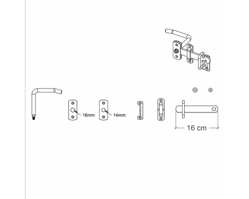 Illustration d''un ensemble de loquet de 16 centimètres avec les dimensions.