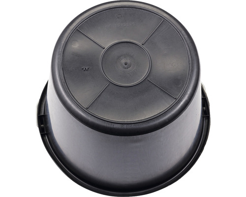 Schwarzer Kunststoffeimer von unten