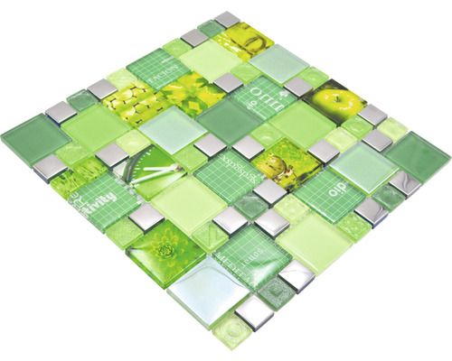 Mosaikfliese mit verschiedenen Grüntönen und Motiven