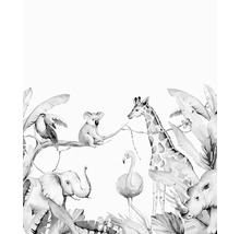 Illustration von verschiedenen Wildtieren wie Elefant, Koala, Flamingo, Giraffe und Nashorn zwischen tropischen Blättern