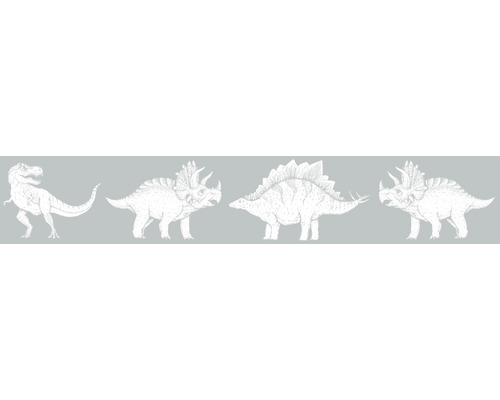 Frise 45806 Kids Walls dinosaures gris vert 5 m x 17,5 cm Illustration de Tyrannosaurus Rex, Triceratops et Stegosaurus