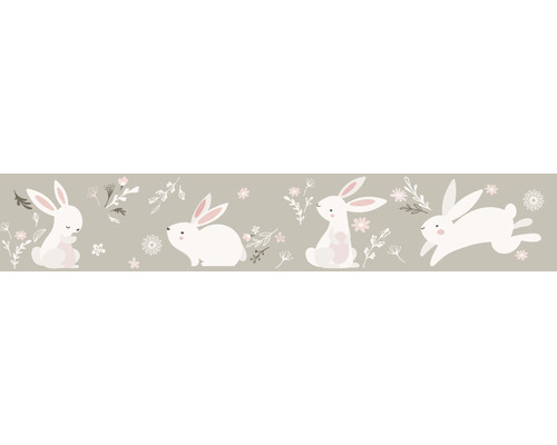 Bordüre 45862 Kids Walls Hasen rosa grau 5 m x 17,5 cm Illustration mit Hasen und Blumen
