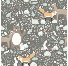Muster mit Bär, Hirsch, Fuchs, Hase, Igel, Vögeln, Blättern und Blumen