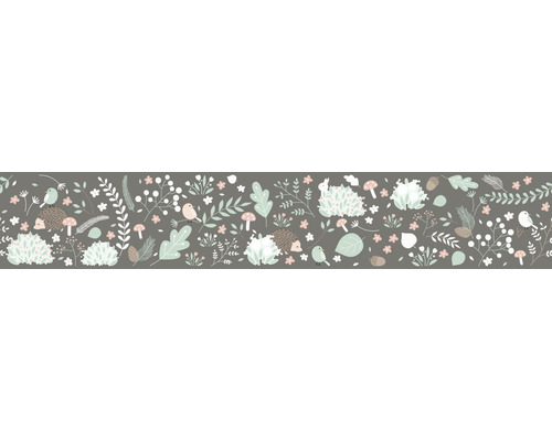 Frise 45871 Kids Walls animaux vert anthracite 5 m x 17,5 cm Bordure décorative avec des motifs forestiers tels que hérissons, oiseaux, feuilles et champignons