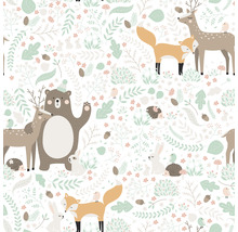 Illustration mit Bären, Hirschen, Füchsen, Hasen, Igeln, Vögeln, Pflanzen und Pilzen