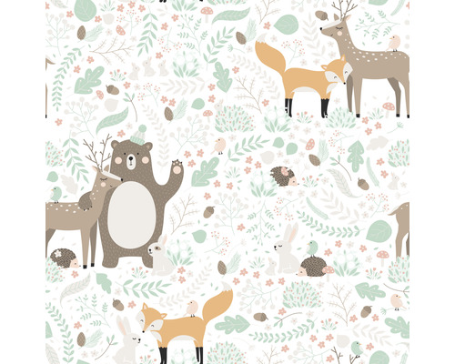 Papier peint intissé 45872 Kids Walls animaux vert marron blanc Illustration avec des ours, des cerfs, des renards, des lapins, des hérissons, des oiseaux, des plantes et des champignons