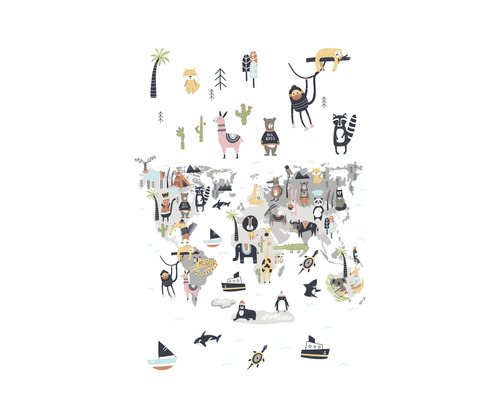 Papier peint panoramique intissé 45875 Kids Walls carte du monde animaux gris blanc 3 pces 270 x 159 cm