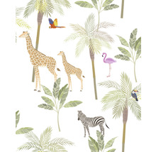 Muster mit Giraffen, Zebras, Flamingos, Tukanen, Aras, Palmen und tropischen Pflanzen