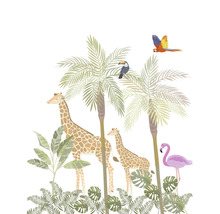 Illustration mit Giraffen, Palmen, Tukan, Papagei und Flamingo