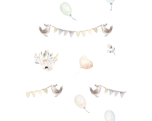 Vliestapete 45887 Kids Walls Vögel Luftballon weiß blau rosa Illustration mit Vögeln, Girlanden, Blumen und Ballons