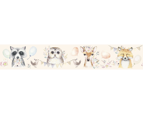 Frise 45889 Kids Walls animaux ballon beige marron 5 m x 17,5 cm Illustration avec raton laveur, hibou, chevreuil et renard avec fleurs et ballons