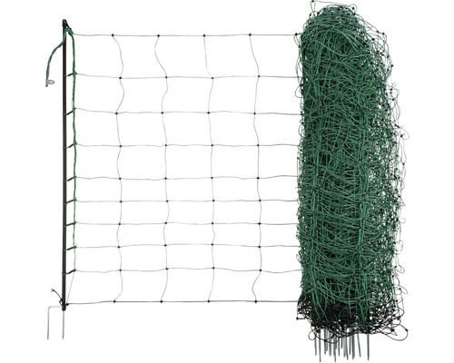 Kit clôture Kerbl OviNet pointe double 50 m x 90 cm vert Filet à volaille avec poteaux, partiellement enroulé