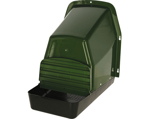 Grüne und schwarze Hühnerlegebox aus Kunststoff.