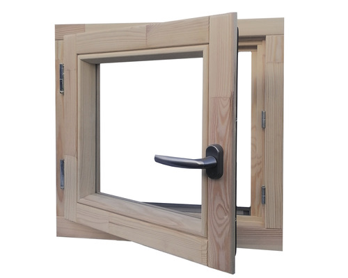 Geöffnetes Holzfenster mit Fenstergriff