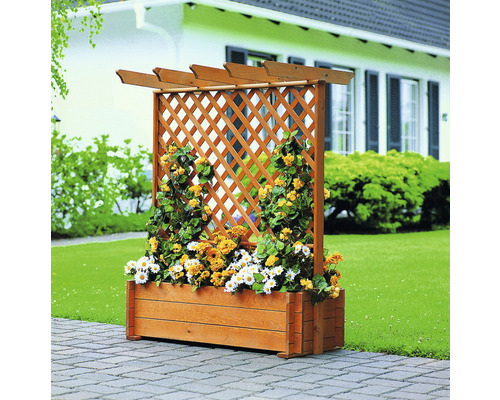 Bac à plantes avec pergola 102 x 65 x 140 cm bois marron Jardinière en bois avec treillis dans le jardin