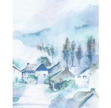 Aquarellmalerei einer ländlichen Szene mit Häusern und Bäumen