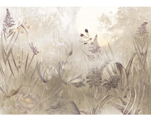 Papier peint panoramique intissé X7-1092 Dragonfly Pond 7 pces 350 x 250 cm Papier peint avec motif de nénuphars et de libellules